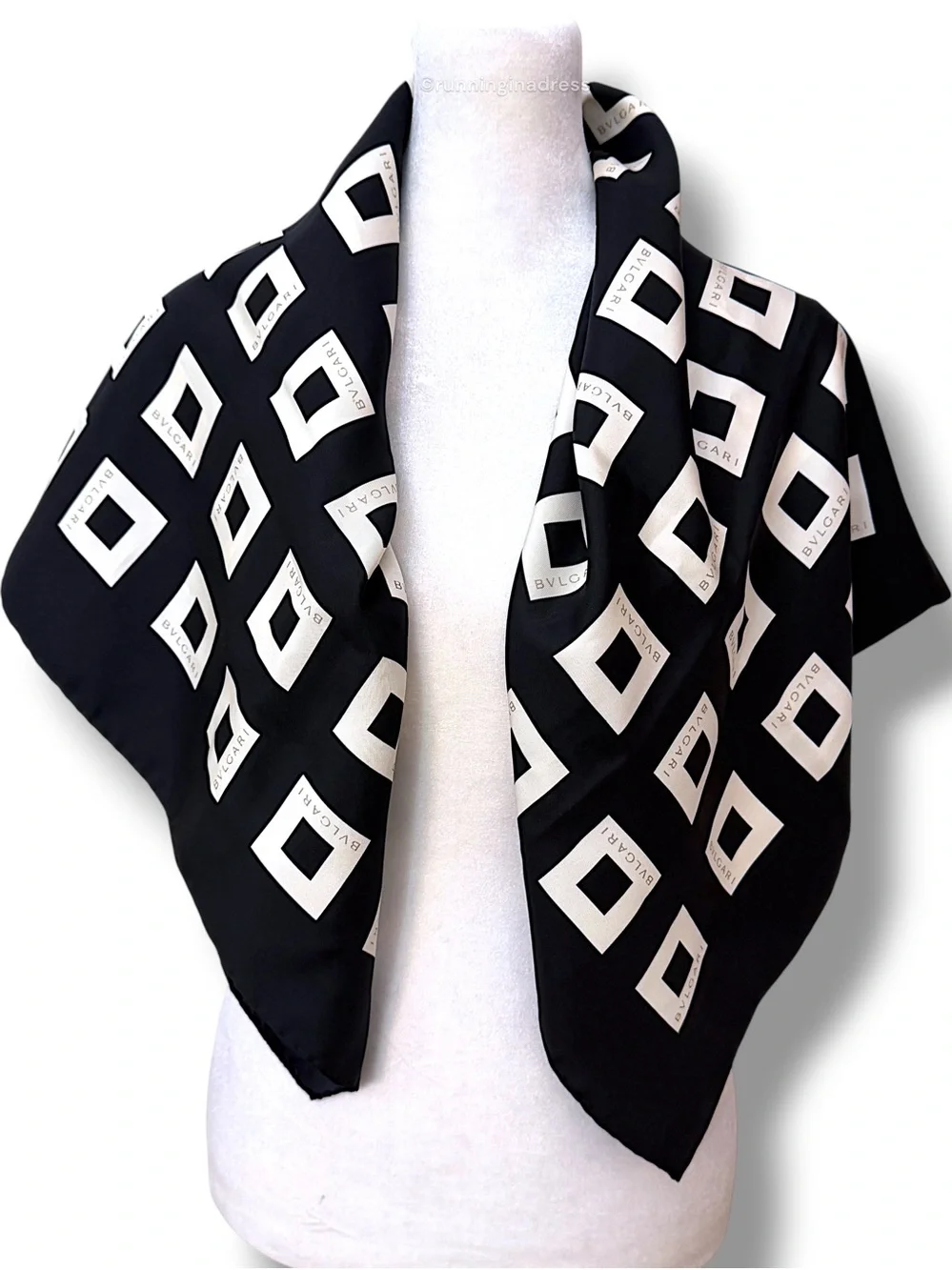 BVLGARI Vintage Quadrato Silk Scarf Black Cream Copper Geometric Square 90cm